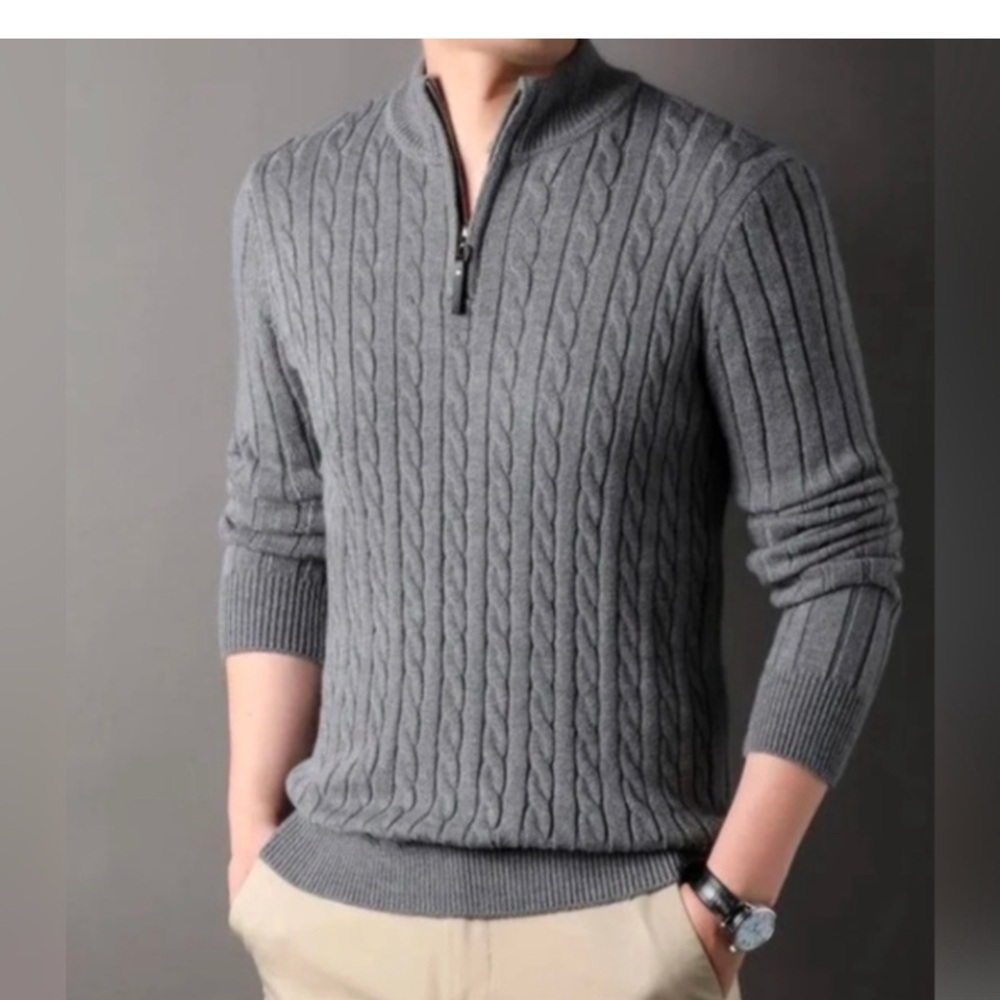 Daniele Blasi Mens large Sweater Wool Mock Neck 1/4 Zip Cable Knit Pullover